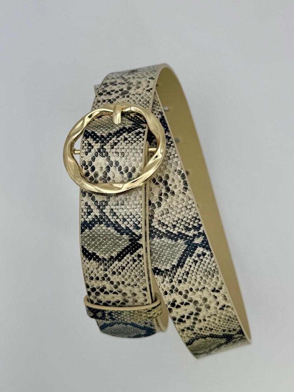 Snake Print Faux Leather Belt with Gold Round Buckle